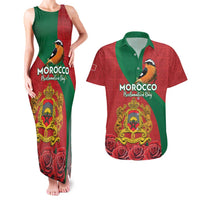 Personalised Morocco Proclamation Day Couples Matching Tank Maxi Dress and Hawaiian Shirt Moussier's Redstart With Coat Of Arms - Wonder Print Shop