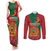 Personalised Morocco Proclamation Day Couples Matching Tank Maxi Dress and Long Sleeve Button Shirt Moussier's Redstart With Coat Of Arms - Wonder Print Shop