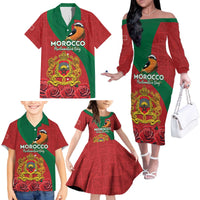 Personalised Morocco Proclamation Day Family Matching Off The Shoulder Long Sleeve Dress and Hawaiian Shirt Moussier's Redstart With Coat Of Arms - Wonder Print Shop