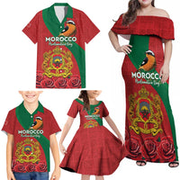 Personalised Morocco Proclamation Day Family Matching Off Shoulder Maxi Dress and Hawaiian Shirt Moussier's Redstart With Coat Of Arms - Wonder Print Shop