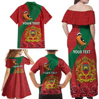 Personalised Morocco Proclamation Day Family Matching Off Shoulder Maxi Dress and Hawaiian Shirt Moussier's Redstart With Coat Of Arms - Wonder Print Shop