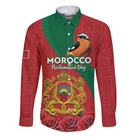 Personalised Morocco Proclamation Day Family Matching Off Shoulder Maxi Dress and Hawaiian Shirt Moussier's Redstart With Coat Of Arms - Wonder Print Shop