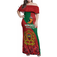 Personalised Morocco Proclamation Day Family Matching Off Shoulder Maxi Dress and Hawaiian Shirt Moussier's Redstart With Coat Of Arms - Wonder Print Shop