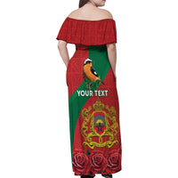 Personalised Morocco Proclamation Day Family Matching Off Shoulder Maxi Dress and Hawaiian Shirt Moussier's Redstart With Coat Of Arms - Wonder Print Shop