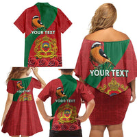 Personalised Morocco Proclamation Day Family Matching Off Shoulder Short Dress and Hawaiian Shirt Moussier's Redstart With Coat Of Arms - Wonder Print Shop