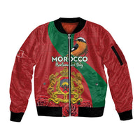 Personalised Morocco Proclamation Day Sleeve Zip Bomber Jacket Moussier's Redstart With Coat Of Arms - Wonder Print Shop
