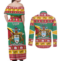 Guyana Christmas Couples Matching Off Shoulder Maxi Dress and Long Sleeve Button Shirt Coat Of Arms with Flag Style - Wonder Print Shop