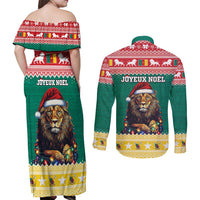 Cameroon Christmas Couples Matching Off Shoulder Maxi Dress and Long Sleeve Button Shirt Lion Santa Joyeux Noel - Wonder Print Shop