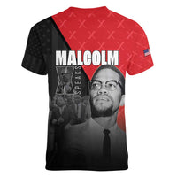 African America Heroes Women V-Neck T-Shirt Malcolm X Speaks - Wonder Print Shop
