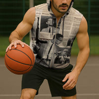 Malcolm X Sleeveless Zip Hoodie Vintage Newspaper Print Style - Wonder Print Shop