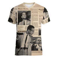 Malcolm X Women V-Neck T-Shirt Vintage Newspaper Print Style - Wonder Print Shop