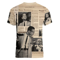 Malcolm X Women V-Neck T-Shirt Vintage Newspaper Print Style - Wonder Print Shop