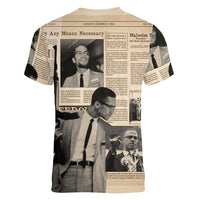 Malcolm X Women V-Neck T-Shirt Vintage Newspaper Print Style - Wonder Print Shop