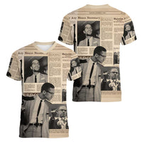 Malcolm X Women V-Neck T-Shirt Vintage Newspaper Print Style - Wonder Print Shop