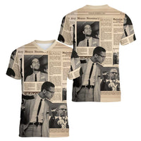 Malcolm X Women V-Neck T-Shirt Vintage Newspaper Print Style - Wonder Print Shop