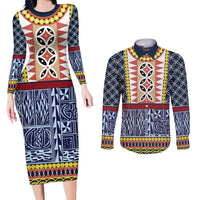 Toghu Bamenda Couples Matching Long Sleeve Bodycon Dress and Long Sleeve Button Shirt Cameroon North West Traditional Pattern