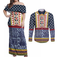 Toghu Bamenda Couples Matching Off Shoulder Maxi Dress and Long Sleeve Button Shirt Cameroon North West Traditional Pattern