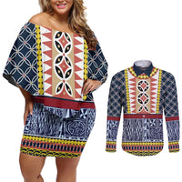 Toghu Bamenda Couples Matching Off Shoulder Short Dress and Long Sleeve Button Shirt Cameroon North West Traditional Pattern