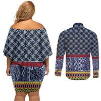 Toghu Bamenda Couples Matching Off Shoulder Short Dress and Long Sleeve Button Shirt Cameroon North West Traditional Pattern
