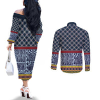 Toghu Bamenda Couples Matching Off The Shoulder Long Sleeve Dress and Long Sleeve Button Shirt Cameroon North West Traditional Pattern