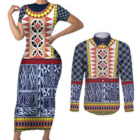 Toghu Bamenda Couples Matching Short Sleeve Bodycon Dress and Long Sleeve Button Shirt Cameroon North West Traditional Pattern