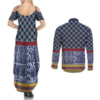 Toghu Bamenda Couples Matching Summer Maxi Dress and Long Sleeve Button Shirt Cameroon North West Traditional Pattern