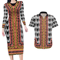 Cameroon Toghu Traditional Pattern Couples Matching Long Sleeve Bodycon Dress and Hawaiian Shirt