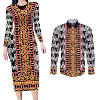 Cameroon Toghu Traditional Pattern Couples Matching Long Sleeve Bodycon Dress and Long Sleeve Button Shirt