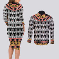 Cameroon Toghu Traditional Pattern Couples Matching Long Sleeve Bodycon Dress and Long Sleeve Button Shirt