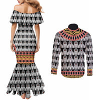 Cameroon Toghu Traditional Pattern Couples Matching Mermaid Dress and Long Sleeve Button Shirt