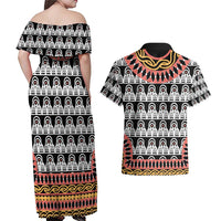 Cameroon Toghu Traditional Pattern Couples Matching Off Shoulder Maxi Dress and Hawaiian Shirt