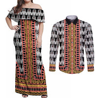 Cameroon Toghu Traditional Pattern Couples Matching Off Shoulder Maxi Dress and Long Sleeve Button Shirt