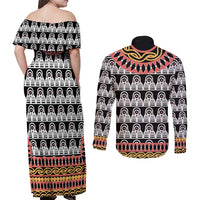 Cameroon Toghu Traditional Pattern Couples Matching Off Shoulder Maxi Dress and Long Sleeve Button Shirt