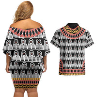 Cameroon Toghu Traditional Pattern Couples Matching Off Shoulder Short Dress and Hawaiian Shirt