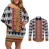 Cameroon Toghu Traditional Pattern Couples Matching Off Shoulder Short Dress and Long Sleeve Button Shirt