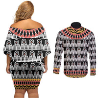 Cameroon Toghu Traditional Pattern Couples Matching Off Shoulder Short Dress and Long Sleeve Button Shirt