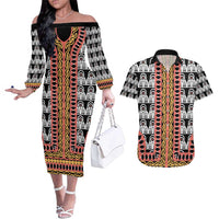Cameroon Toghu Traditional Pattern Couples Matching Off The Shoulder Long Sleeve Dress and Hawaiian Shirt