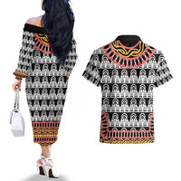 Cameroon Toghu Traditional Pattern Couples Matching Off The Shoulder Long Sleeve Dress and Hawaiian Shirt