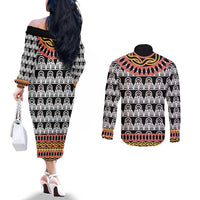 Cameroon Toghu Traditional Pattern Couples Matching Off The Shoulder Long Sleeve Dress and Long Sleeve Button Shirt