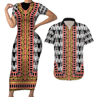 Cameroon Toghu Traditional Pattern Couples Matching Short Sleeve Bodycon Dress and Hawaiian Shirt