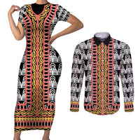 Cameroon Toghu Traditional Pattern Couples Matching Short Sleeve Bodycon Dress and Long Sleeve Button Shirt