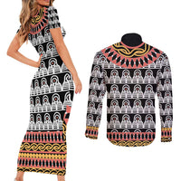 Cameroon Toghu Traditional Pattern Couples Matching Short Sleeve Bodycon Dress and Long Sleeve Button Shirt