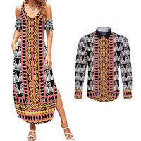 Cameroon Toghu Traditional Pattern Couples Matching Summer Maxi Dress and Long Sleeve Button Shirt