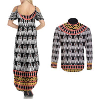 Cameroon Toghu Traditional Pattern Couples Matching Summer Maxi Dress and Long Sleeve Button Shirt