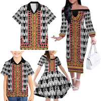 Cameroon Toghu Traditional Pattern Family Matching Off The Shoulder Long Sleeve Dress and Hawaiian Shirt