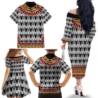 Cameroon Toghu Traditional Pattern Family Matching Off The Shoulder Long Sleeve Dress and Hawaiian Shirt