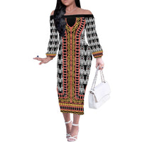 Cameroon Toghu Traditional Pattern Family Matching Off The Shoulder Long Sleeve Dress and Hawaiian Shirt