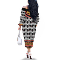 Cameroon Toghu Traditional Pattern Family Matching Off The Shoulder Long Sleeve Dress and Hawaiian Shirt