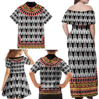 Cameroon Toghu Traditional Pattern Family Matching Off Shoulder Maxi Dress and Hawaiian Shirt