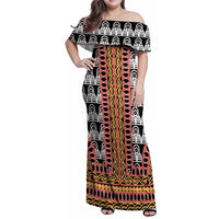 Cameroon Toghu Traditional Pattern Family Matching Off Shoulder Maxi Dress and Hawaiian Shirt